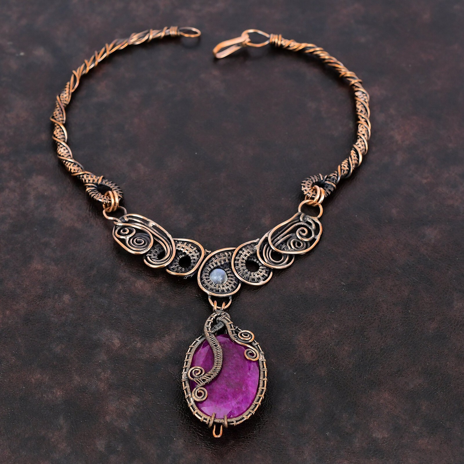 Wire Wrapped Necklace Designer Gemstone Jewelry Handcrafted Copper Holiday 18.0″
