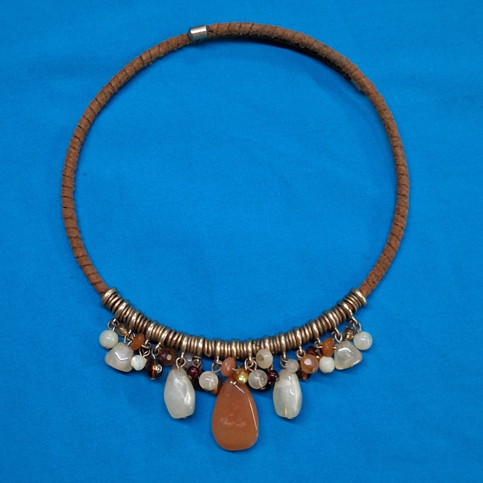 Vintage Gold Tone Multiple Earth Tone Bead Leather Wrapped Cuff Choker Necklace