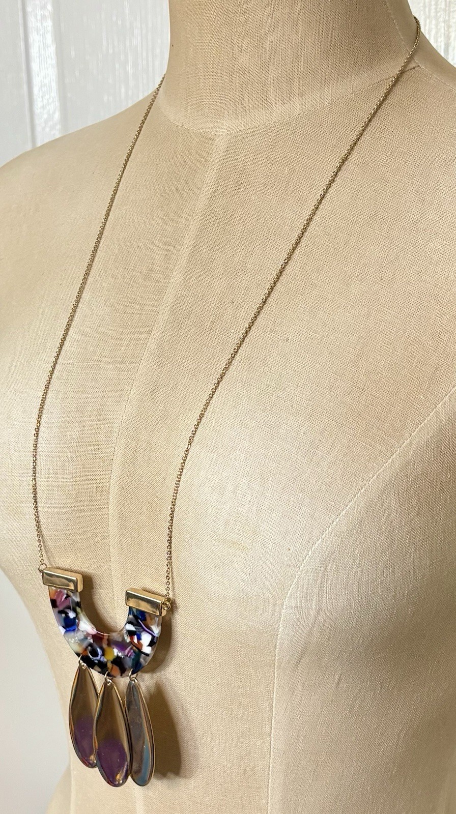 VERSONA GoldTone Teardrop Dangles Multicolor Acrylic Pendant Necklace Adjustable