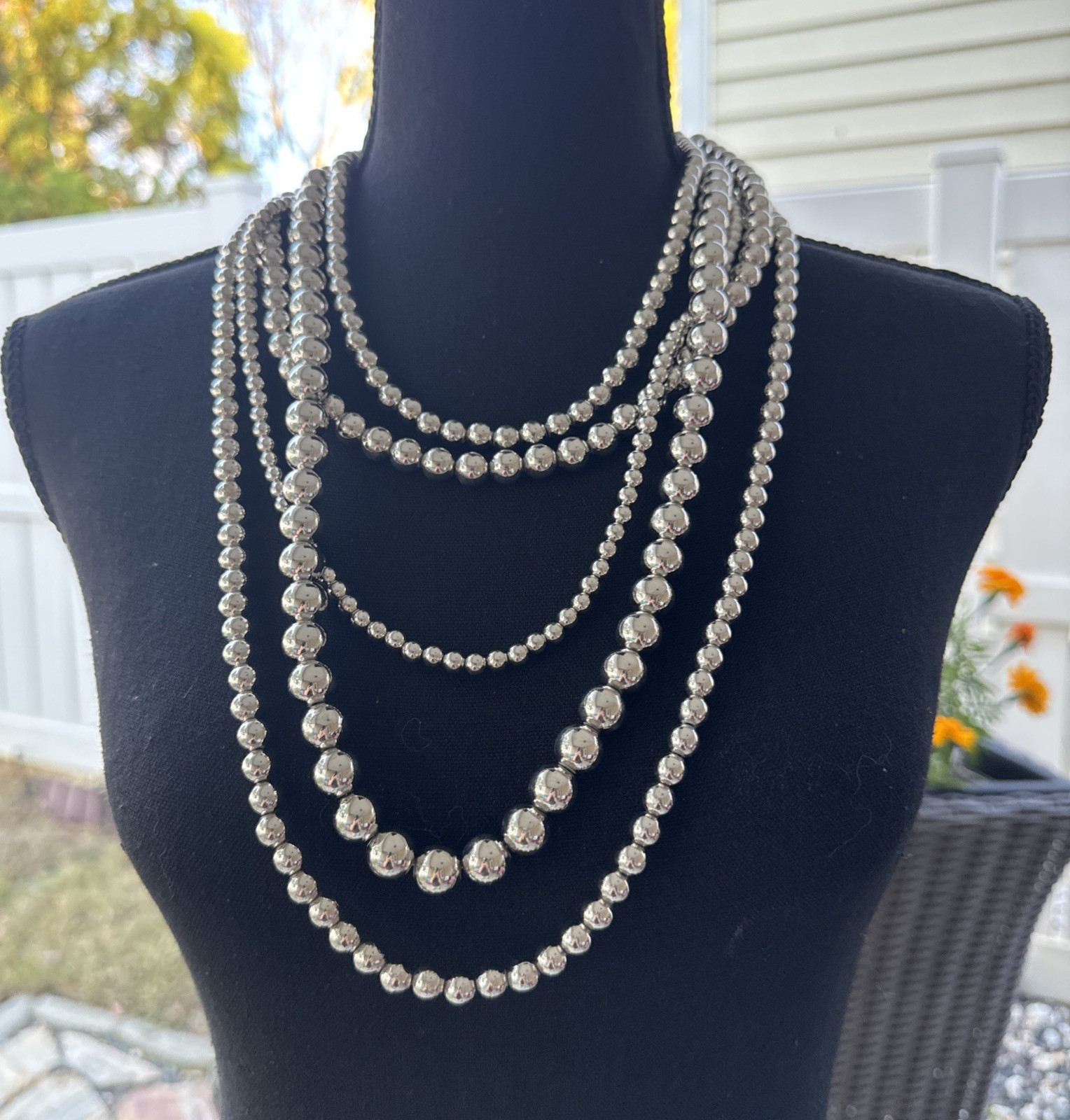 Cara New York Silver Bead 5 Chain Statement Necklace Layered 16″ Drop NEW