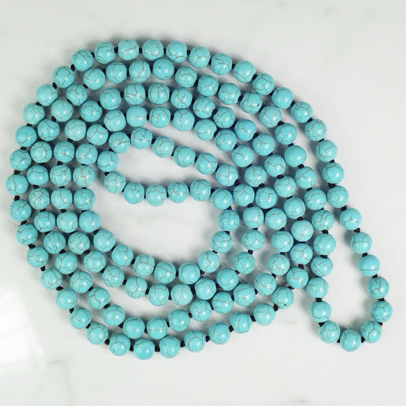 Turquoise Colored Dyed Howlite 9.8 Mm Round Bead Necklace Brown String