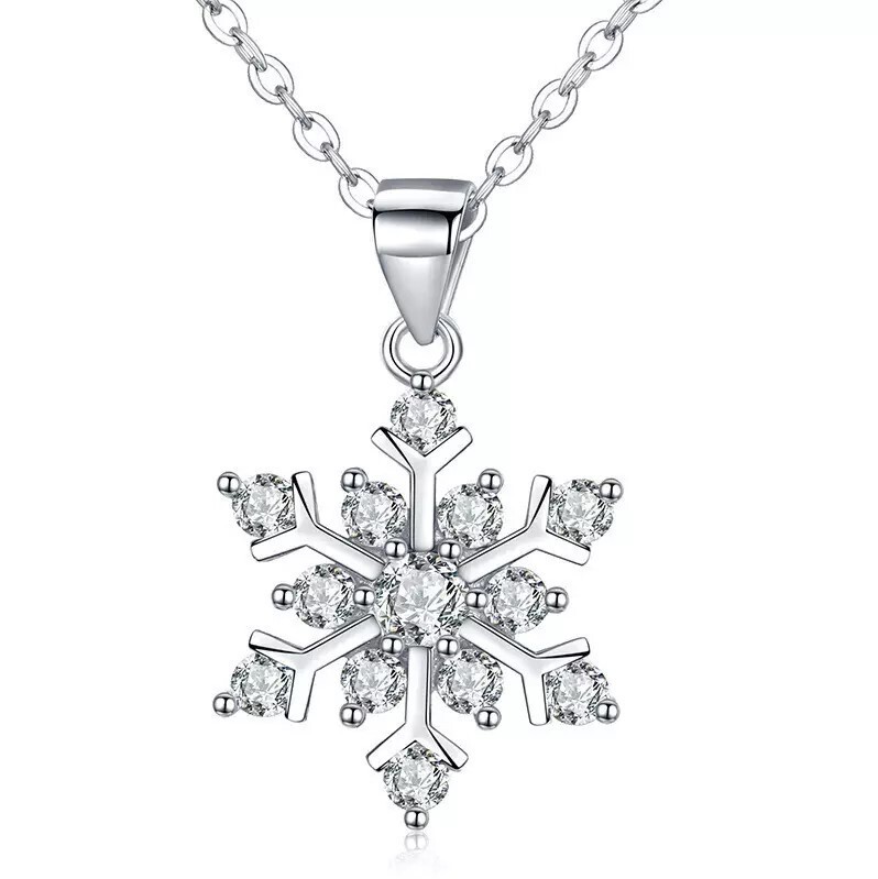 .925 Silver Delicate Small Snowflake Pendant Necklace w/ Crytsal Highlights