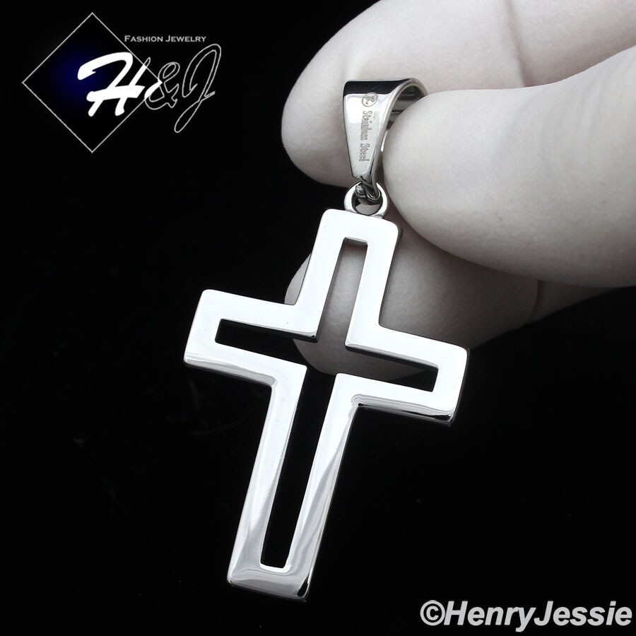 MEN WOMEN Stainless Steel Simple Plain Hollow Double Silver Cross Pendant*P141