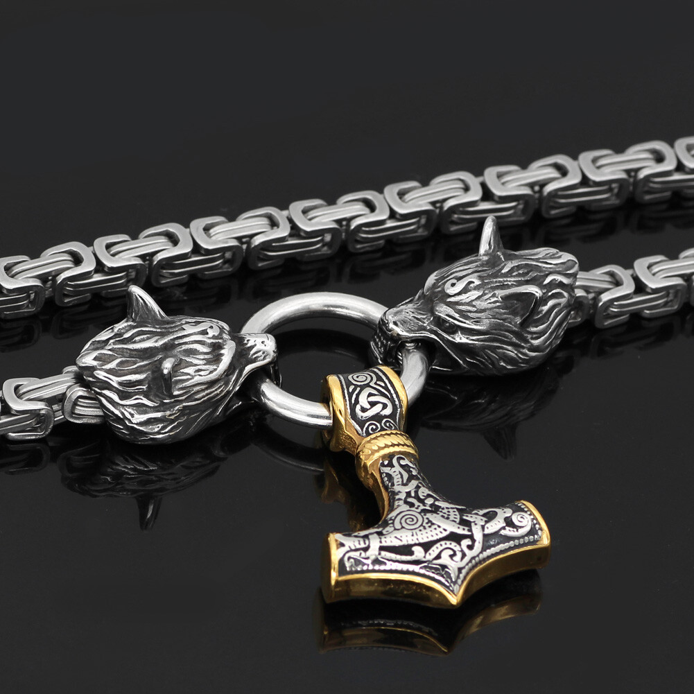 Men Viking Stainless Steel Wolf Thor Hammer Pendant Necklace Norse Mjolnir Odin