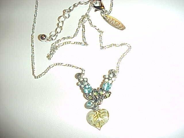 DESIGNER NY&CO SILVER RHINESTONE ENAMEL FLOWER LEAF PENDANT CARDED NECKLACE J85