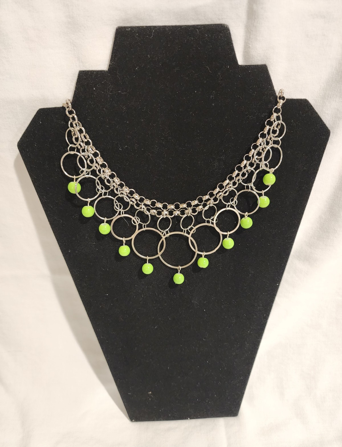 Silver Tone Cable Chain Statement Necklace w/ Green Round Charm Dangles