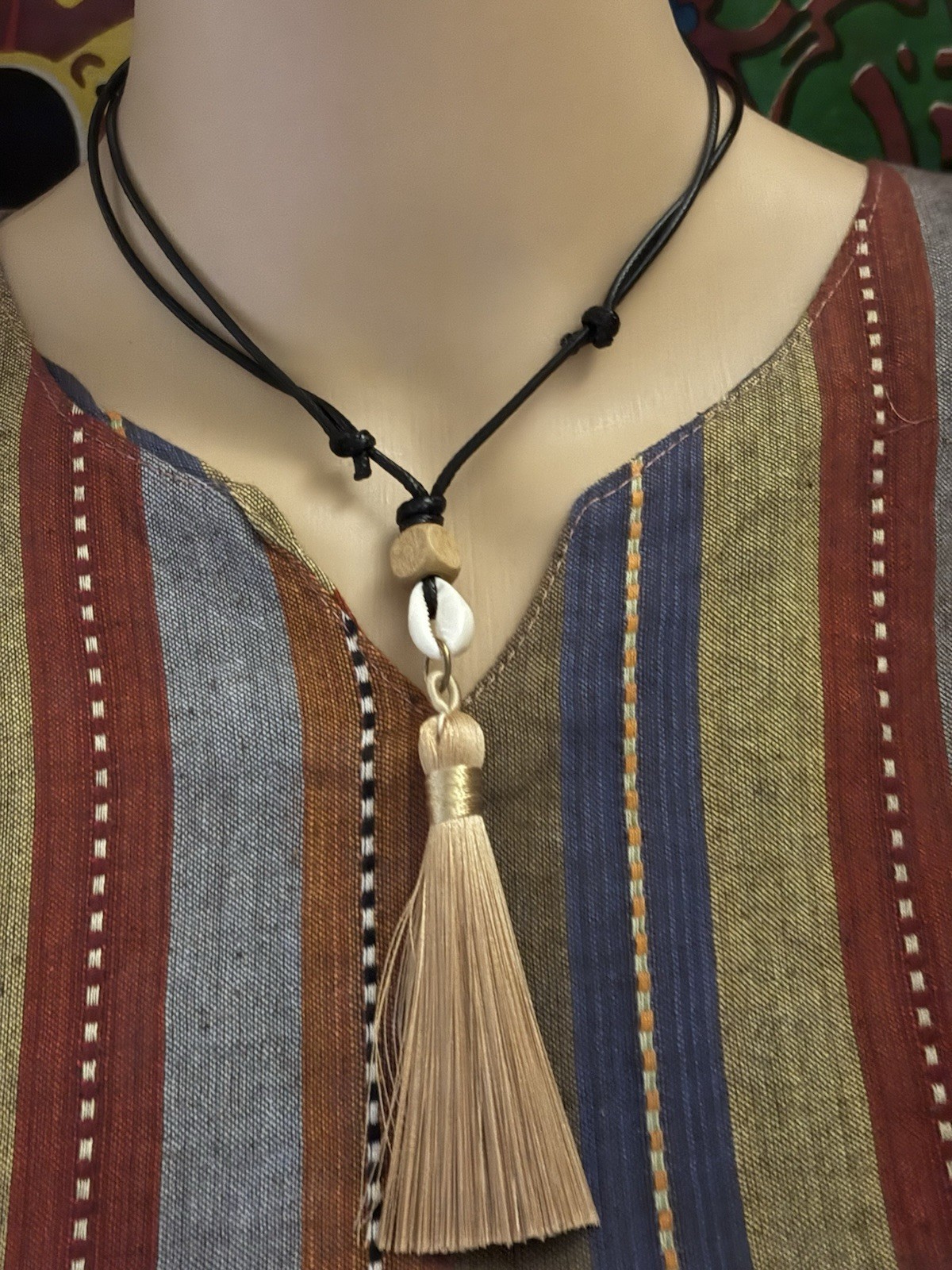 Shell Bead Tassel Pendant Necklace Black Cord Beige Adjustable Tie Closure