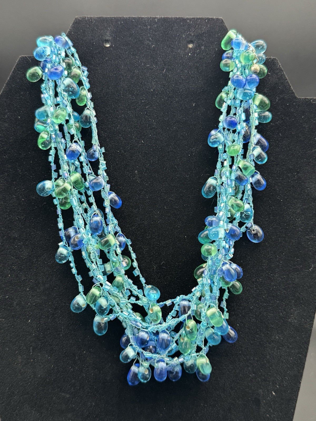 Multi Strand Blue & Green Glass Beaded Necklace