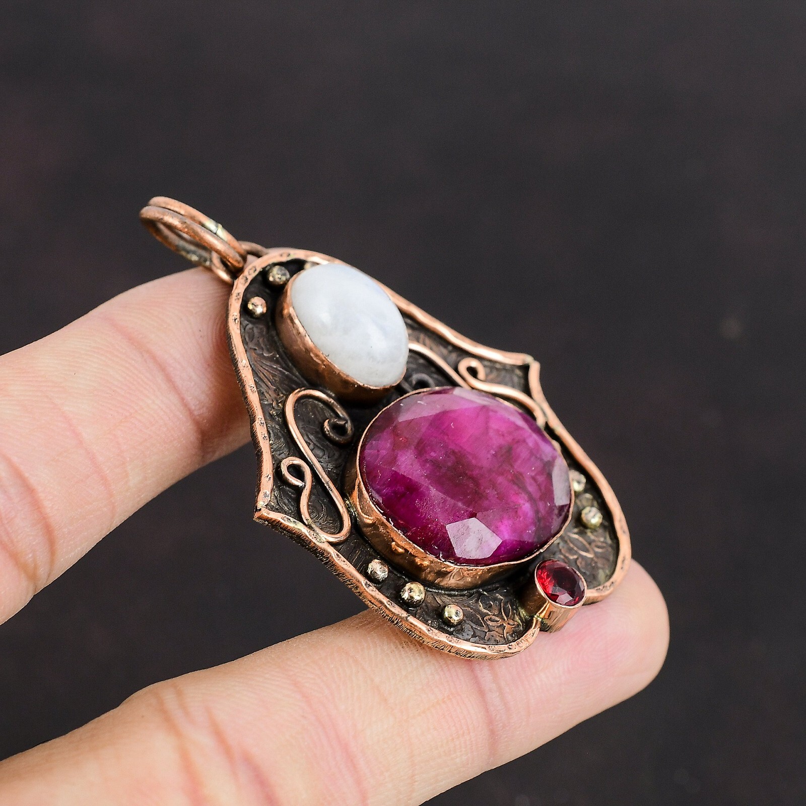 Mothers day Deal Copper Kashmir Rubi Gemstone Rainbow Moonstone Pendant Jewelry