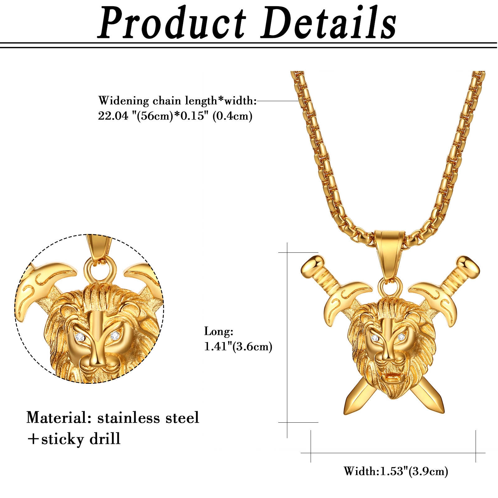 Mens Boys Hip Hop Gold Tone Lion Head Stainless Steel Pendant Necklace Chain 22″
