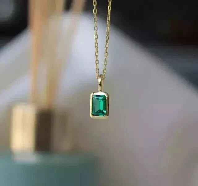 8Ct Emerald Cut Natural Green Emerald Solitaire Pendant 14K Yellow Gold Plated