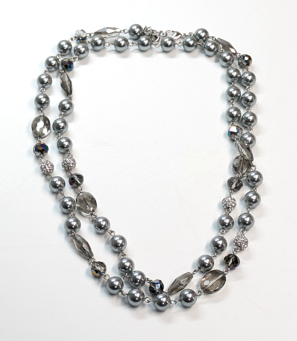 Charter Club Gray/Blue Faux Pearl Crystal Rhinestone Beaded Silver 46″ Necklace