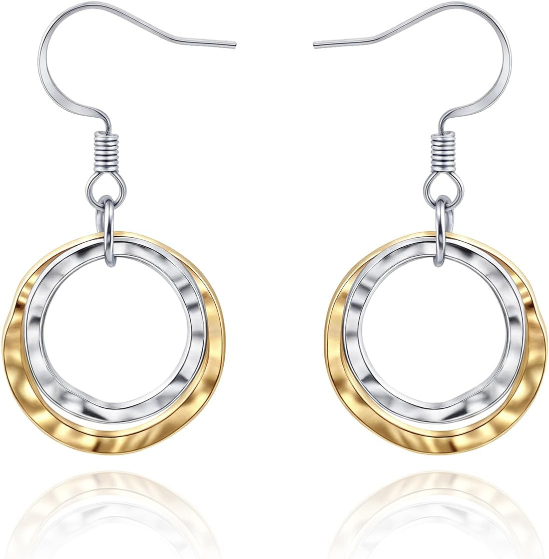 Small Two Tone Circle & Dangle Earrings, Geometric 14K Gold Plated and Silver Mi