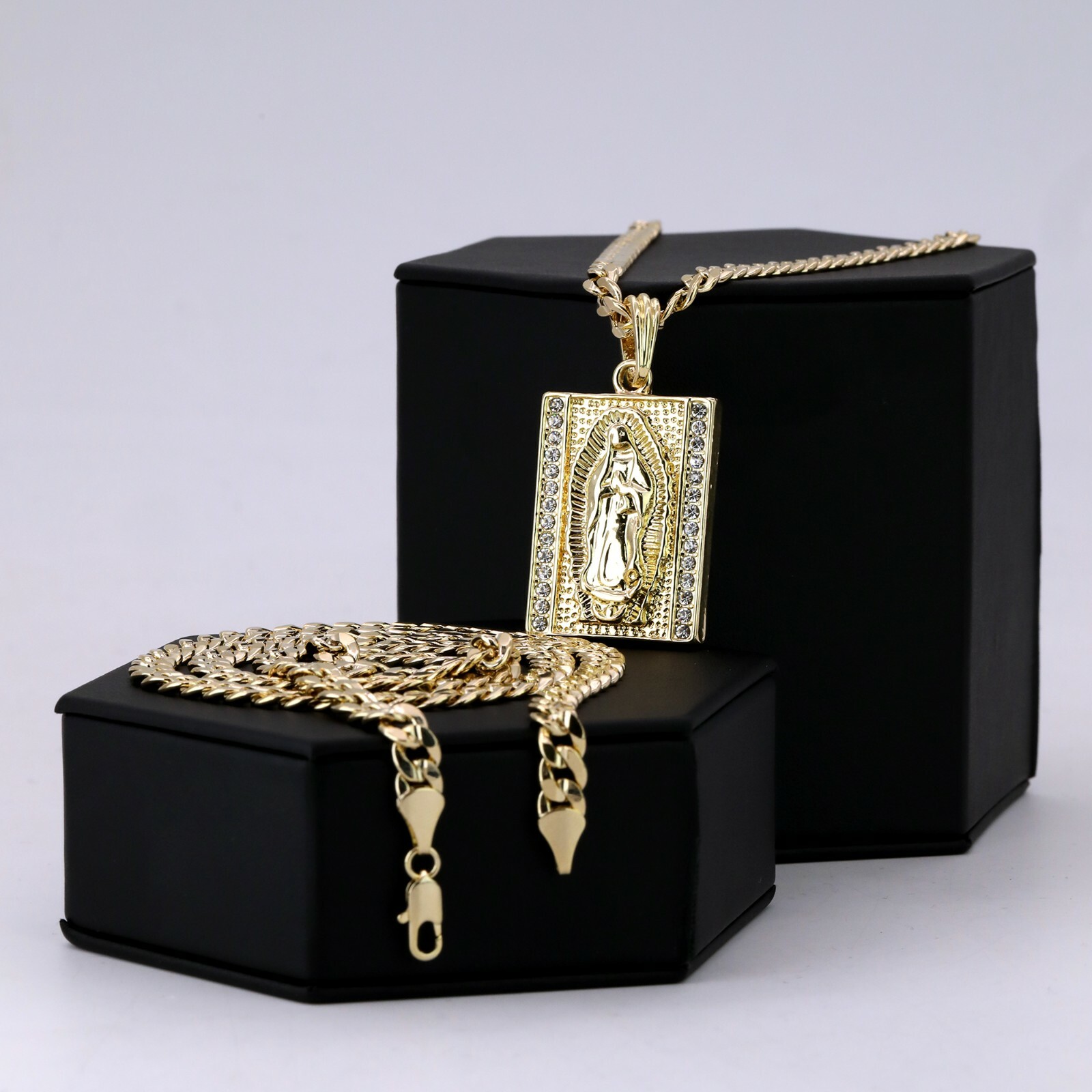 Virgin Mary Pendant 24″ Cuban Chain 14k Gold Plated Square Cubic Zirconia HipHop