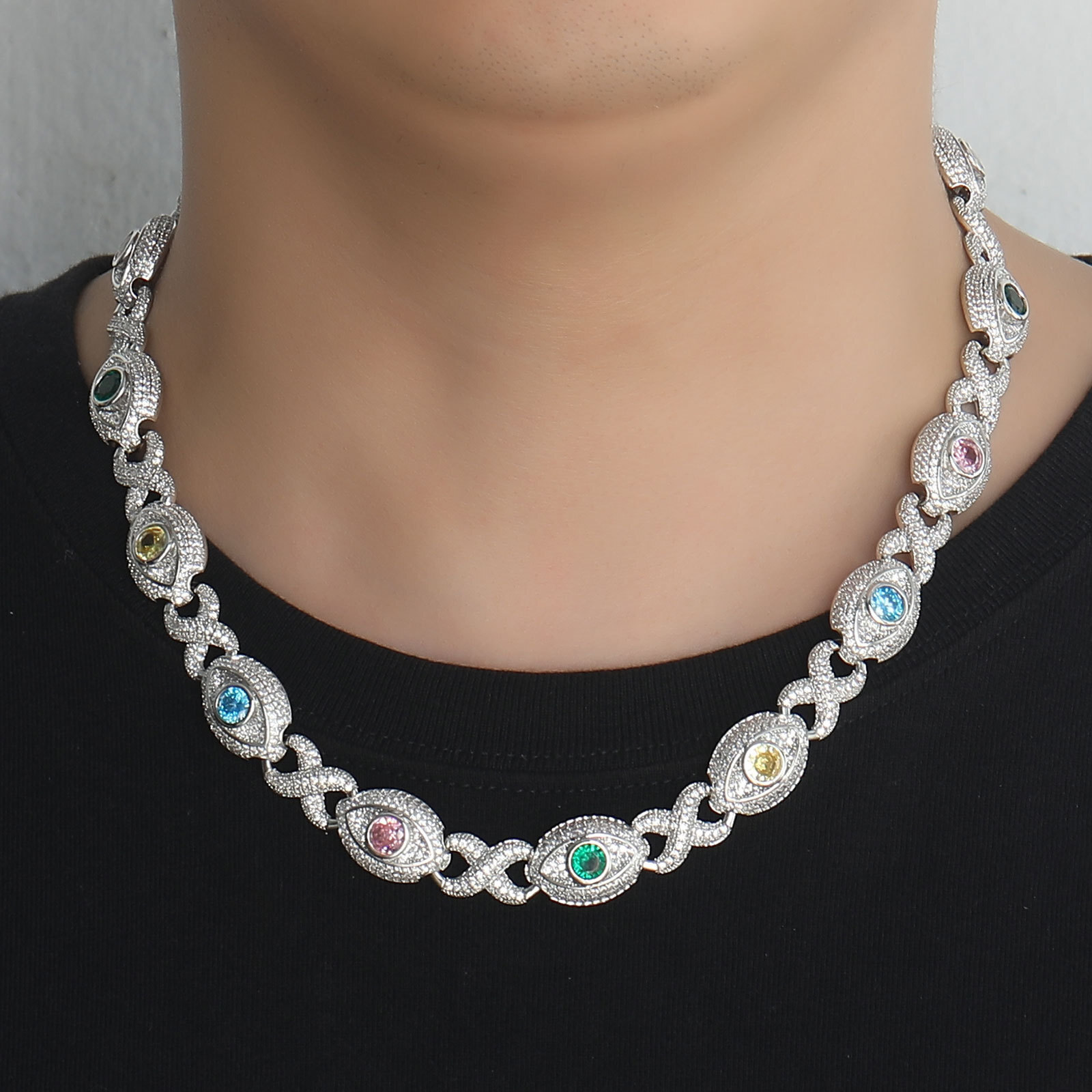 Hip Hop Colorful Eye Cuban Chain Necklace Bracelets 5A Zircon Mens Jewelry