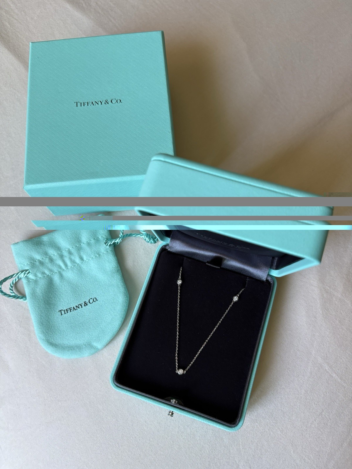 Authentic Tiffany & Co. Three round natural diamonds Necklace. NEW