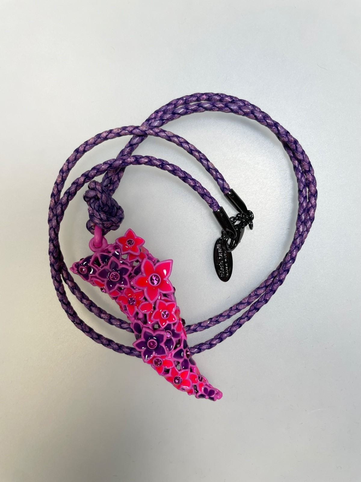 Roberto Cavalli Flower Cornicello Horn Pendant Necklace Purple Pink Italy