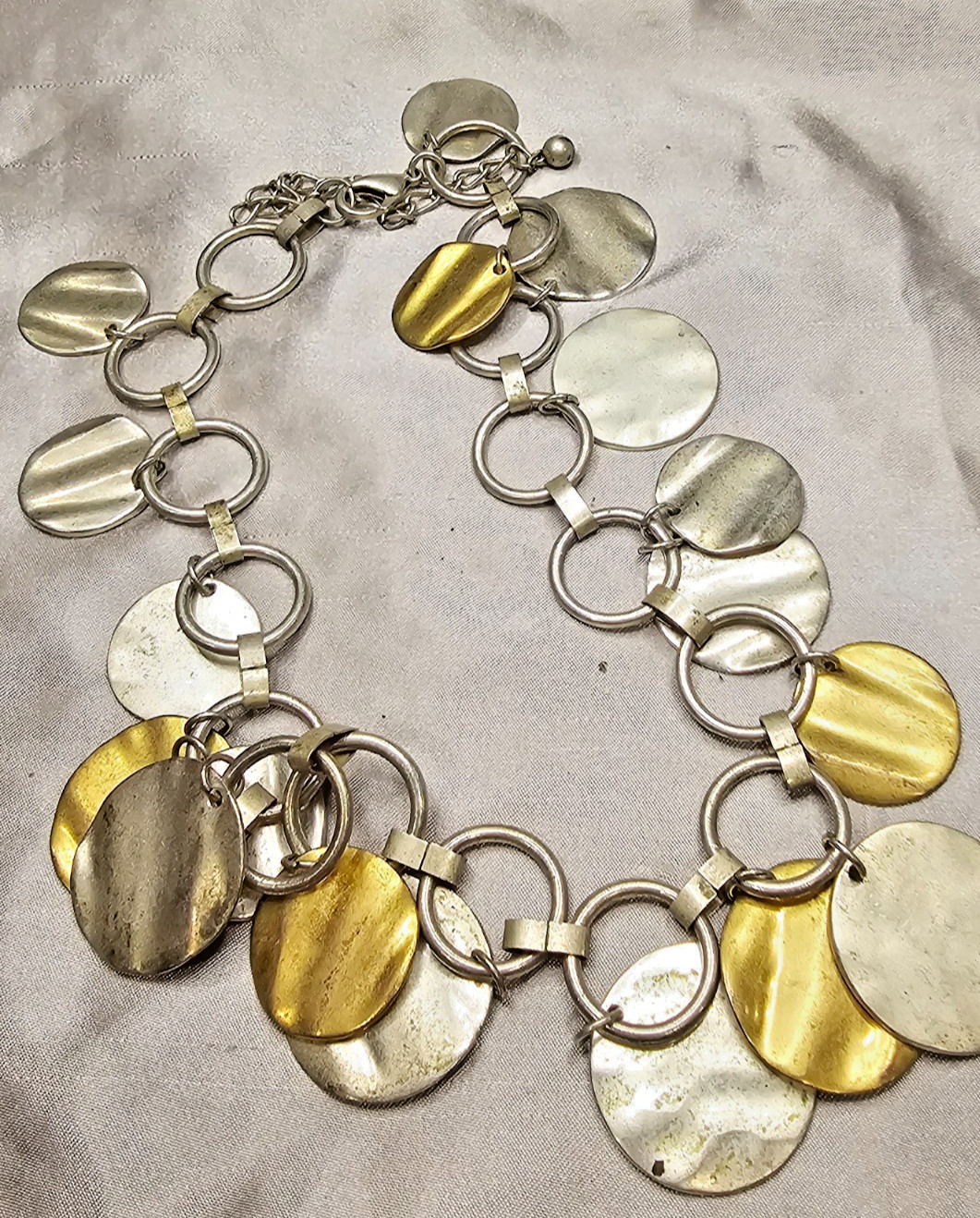 Mixed Metal Disc Necklace Silver Gold Hammered Circles Modern Statement