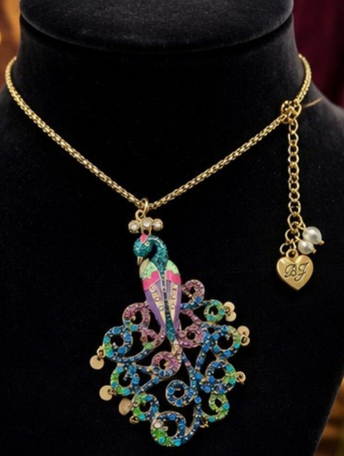 Betsey Johnson Peacock Statement Necklace Crystal Enamel Y2K 16″ ,+ 3″ Extender