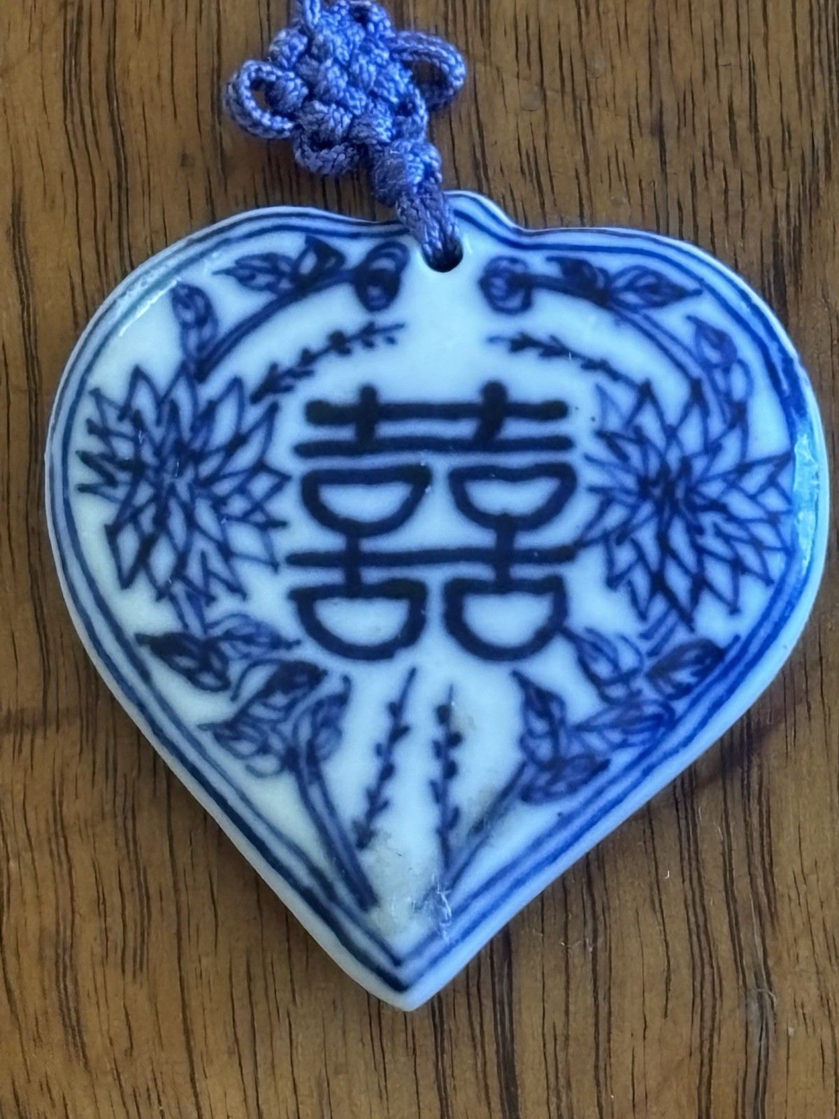 Chinese Blue White Porcelain Double Sided Heart Pendant VNTG Necklace