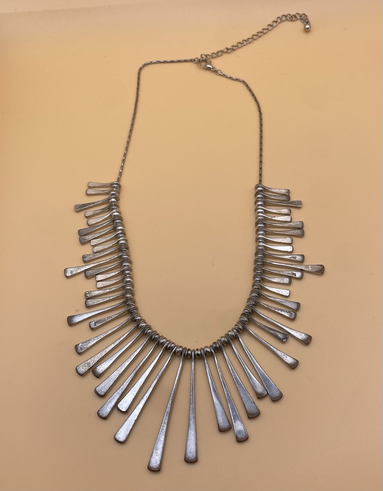 Silver Tone Metal Fringe Bib Statement Necklace w/ Extender Chain No Stone