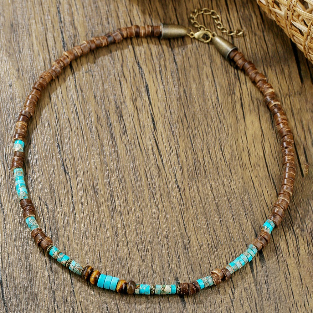 Mens Boho Necklace Natural Wood Turquoise Beads Surfer Choker Handmade Jewelry