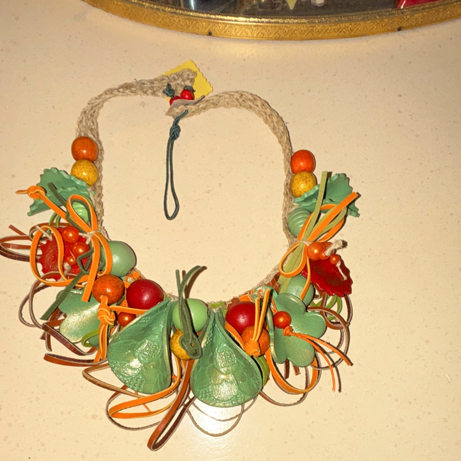 Multicolor Wood Beaded Statement Rope Cord Necklace Adjustable Flower Theme