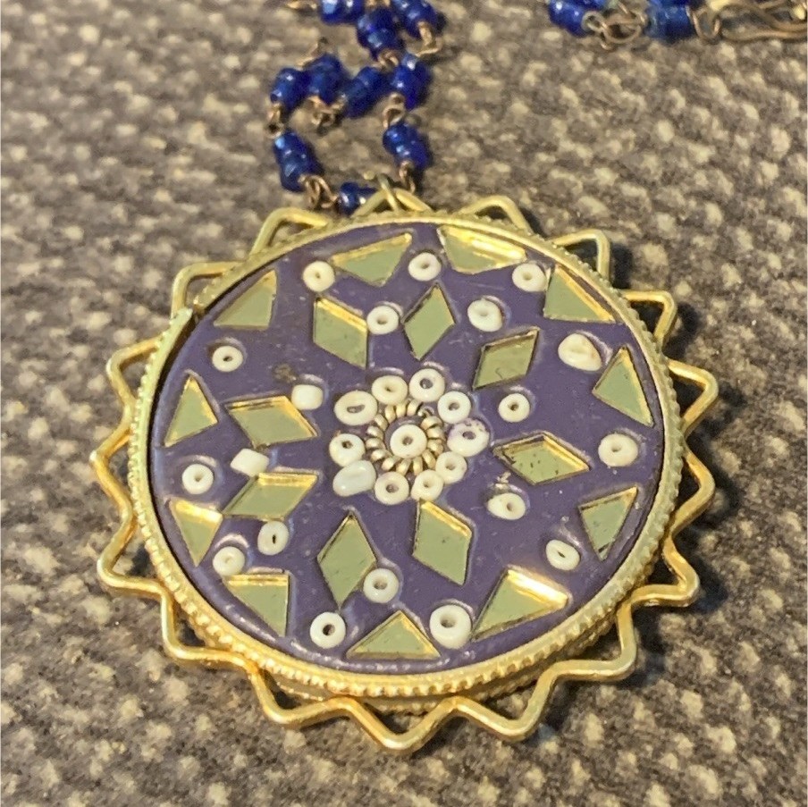 Blue Beaded Ball Chain Necklace Round Blue Mosaic Enamel Pendant Hook Closure