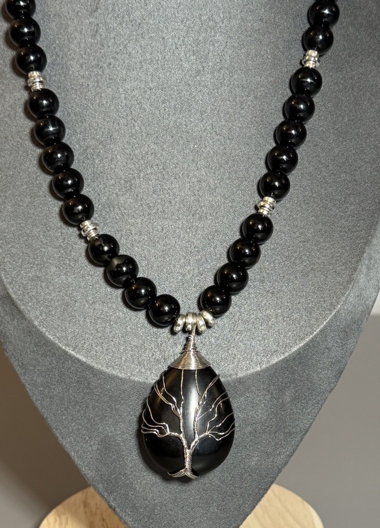 Statement Necklace Obsidian Beads & Silver Tone Wire Wrapped Obsidian Pendant