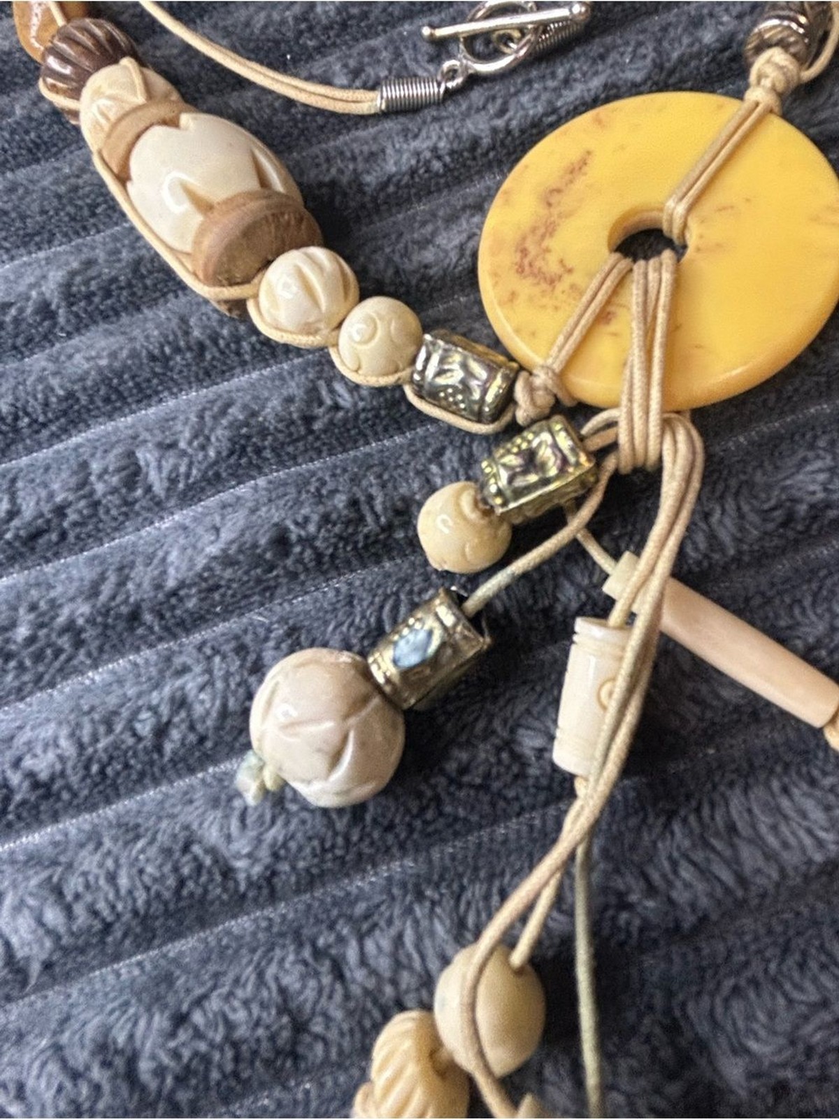 Vintage Earthy Boho Carved Yellow Donut Lariat Fringe Necklace