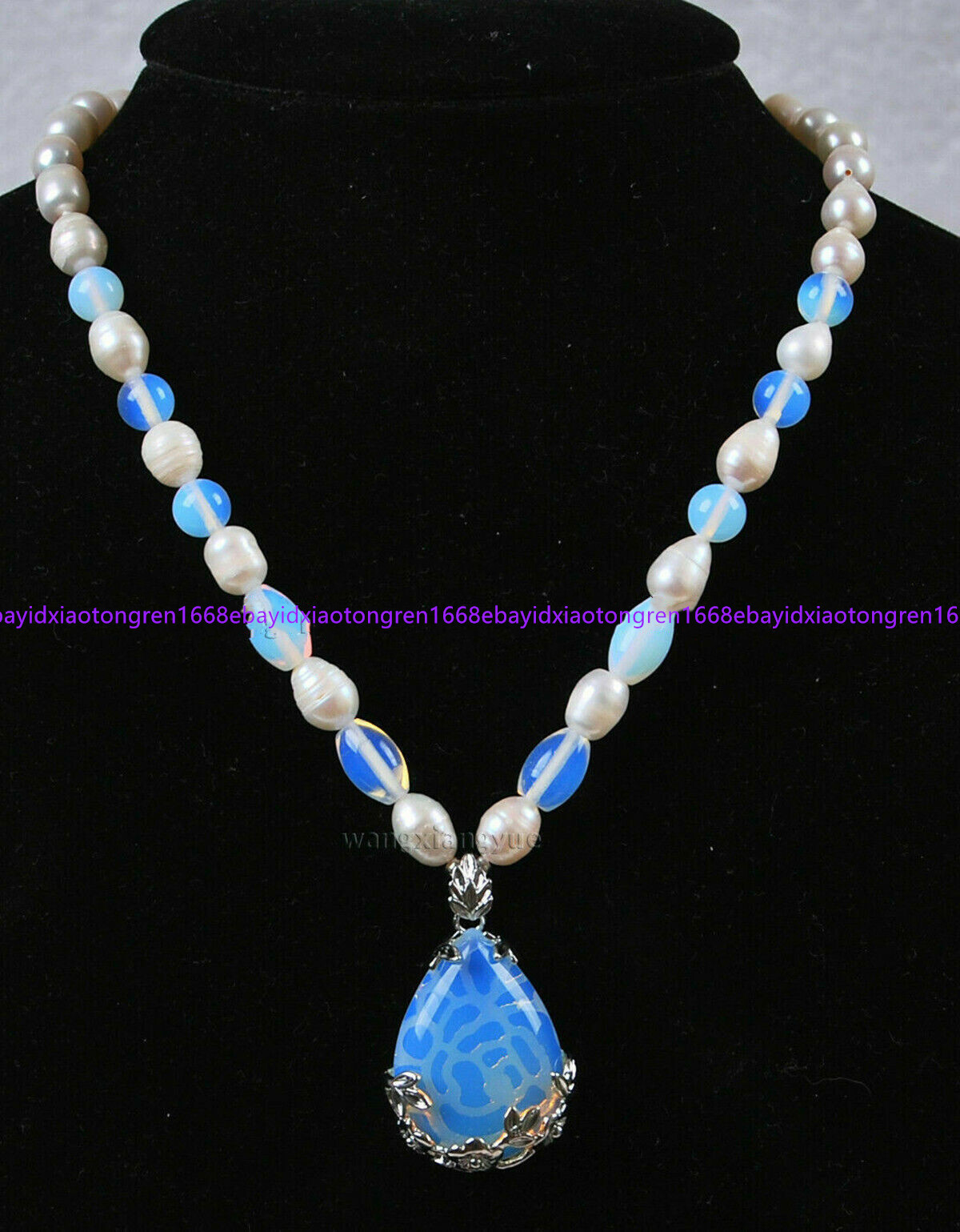 Natural 7-8mm White Cultured Pearl & Moonstone Pendant Necklace 18 Inch