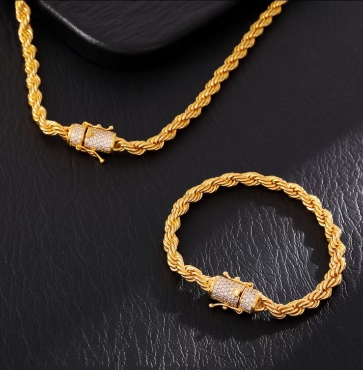 2 Pcs of Men’s Fashion Jewelry, 18K Gold-Plated & Zirconia 6mm 23.62in/7.48 inch