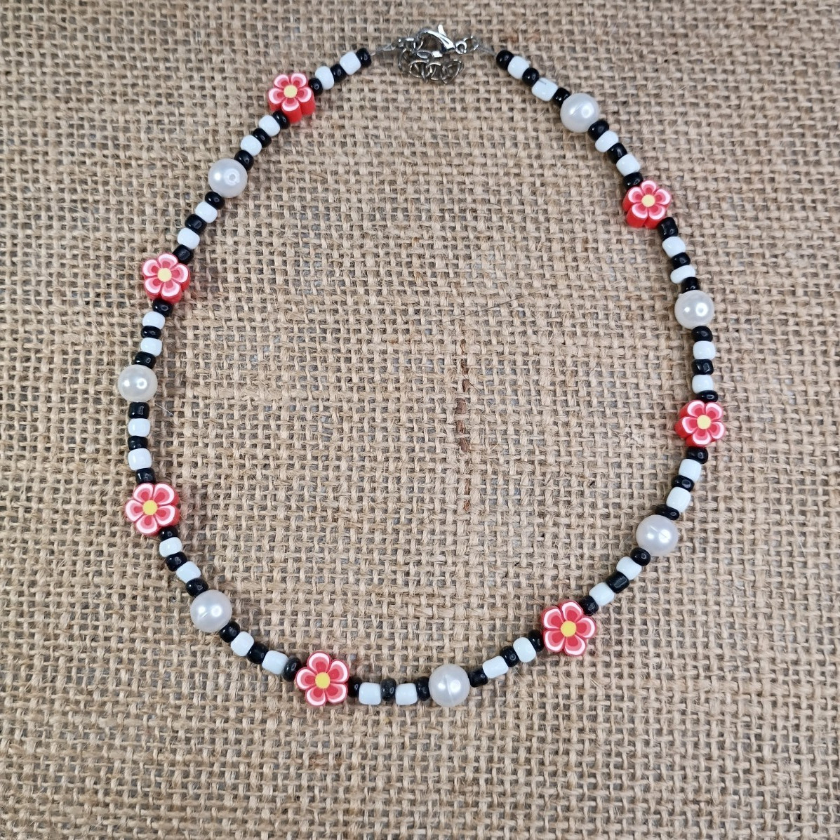 New Boho Seed Bead Choker Necklace w/ Faux Pearls and Clay Flowers 15 in
