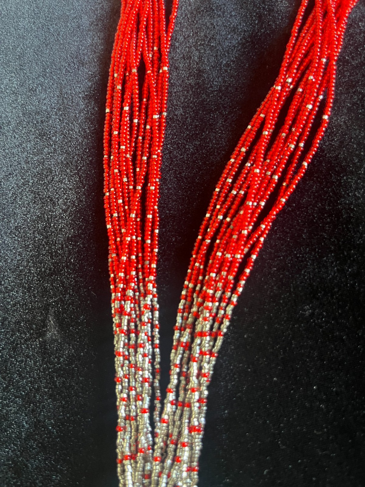 Boho Ethnic Multi Strand Red Beaded Neckclase Silver Tone Ball Pendant Tassel