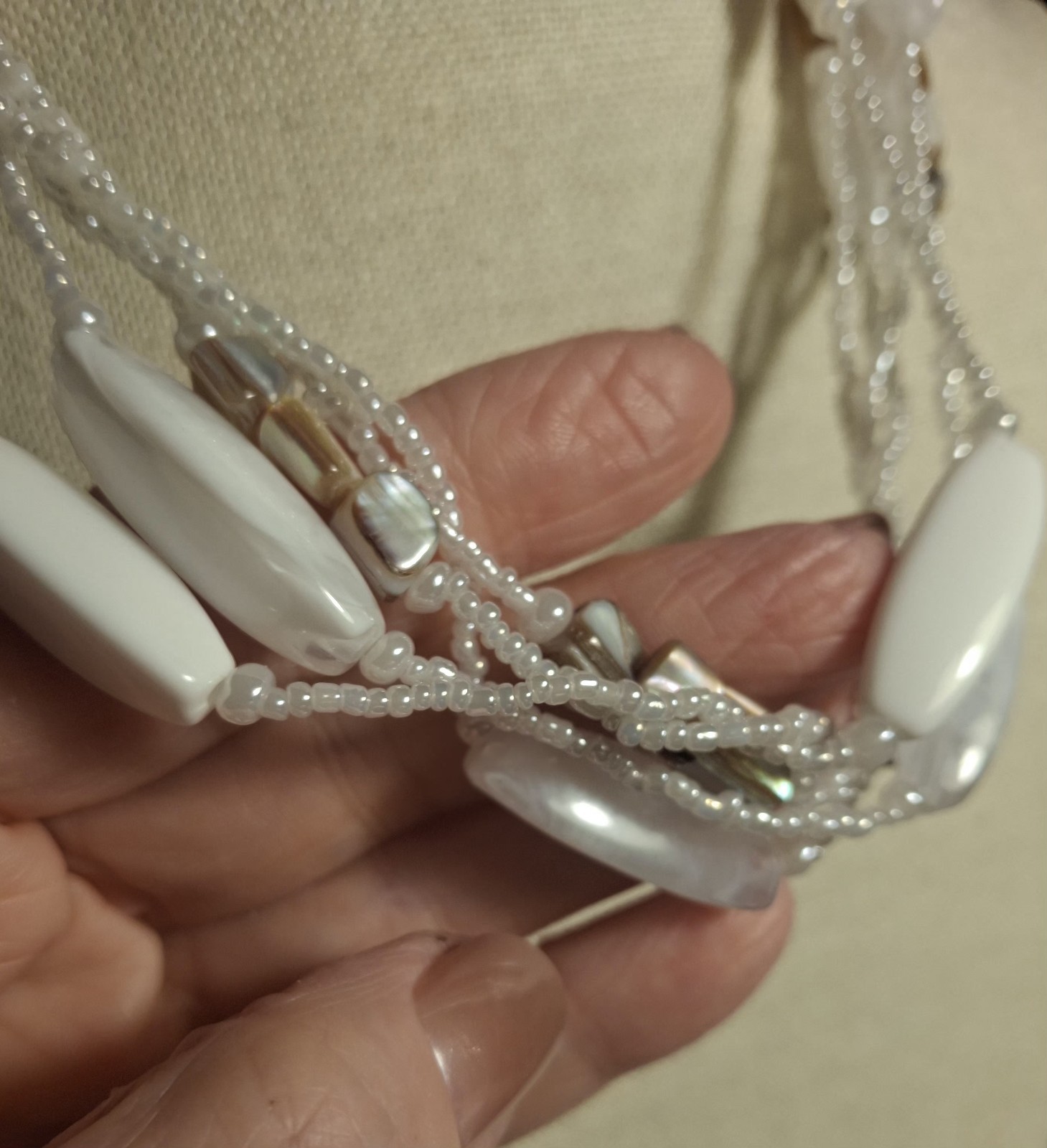 Pre-owned no brand white seed beads, acrylic beads, tan shell beads necklace