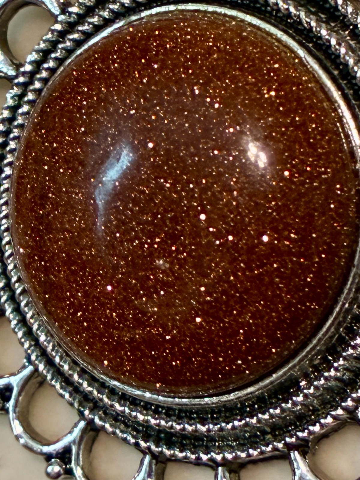 Vintage Style Goldstone Cabochon Pendant Silver Tone Ornate Round Setting Brown