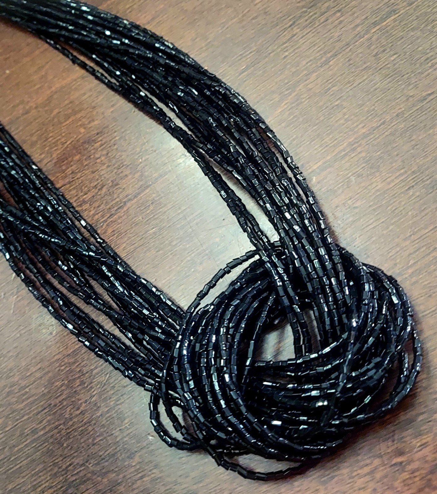 Twisted Black Glass Seed Beads Cluster Layered Multi Strands Layer 21″ Necklace
