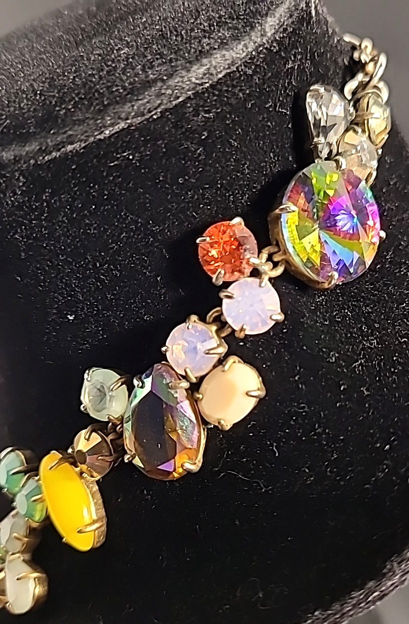 J Crew Melange Statement Necklace Multicolor Crystal Rhinestone Silver Tone 18″
