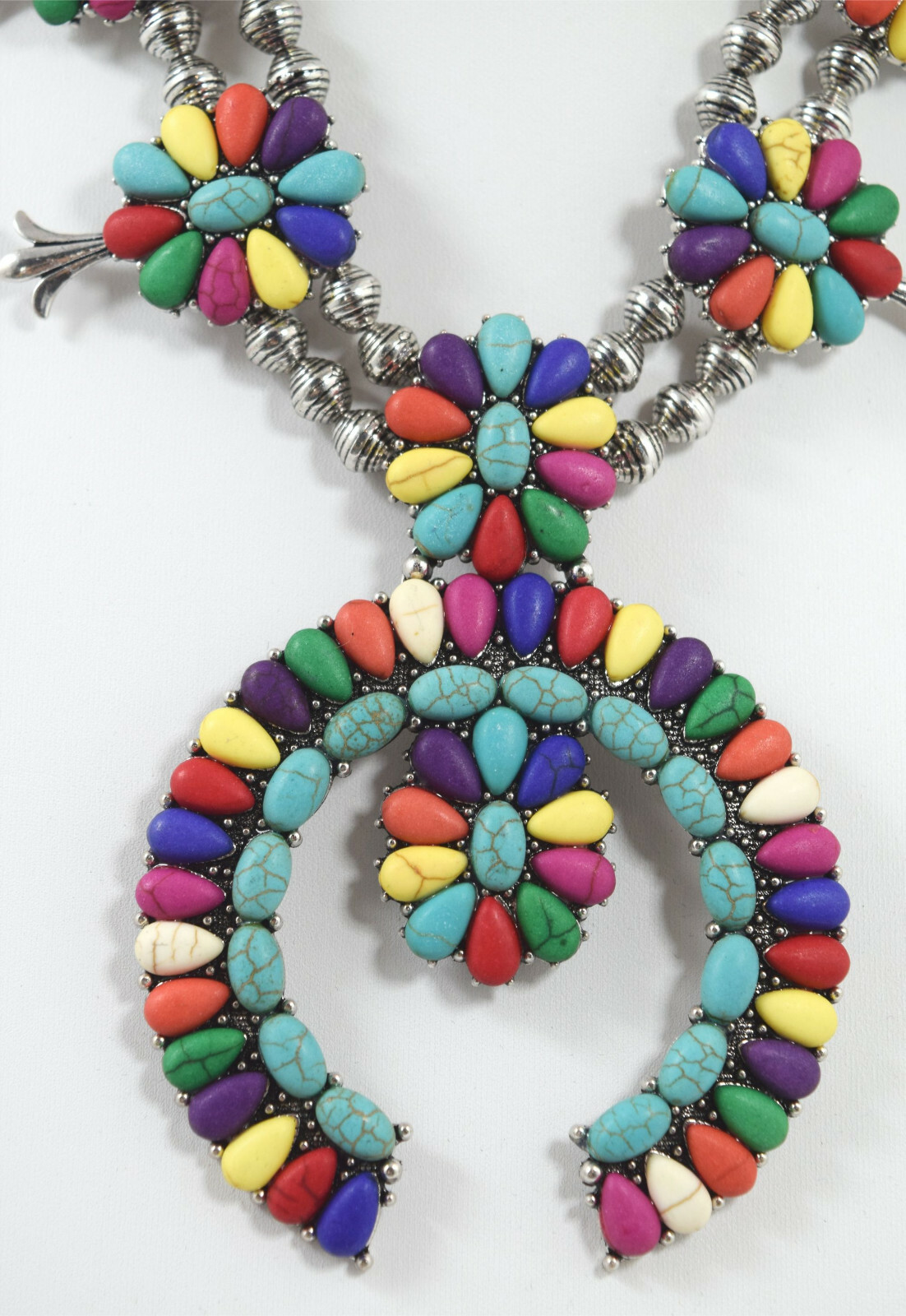 Southwestern Faux multi-color Turquoise Squash Blossom Statement Necklace