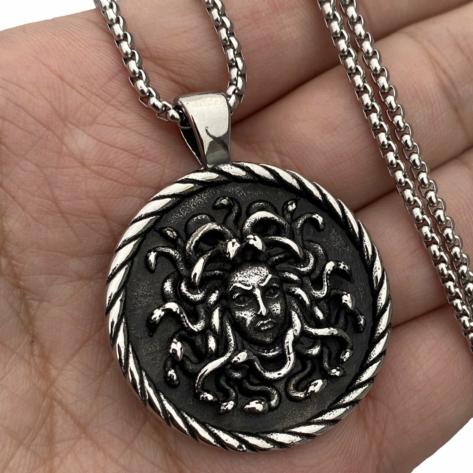 MENDEL Mens Womens Stainless Steel Greek Snake Medusa Head Pendant Necklace Men