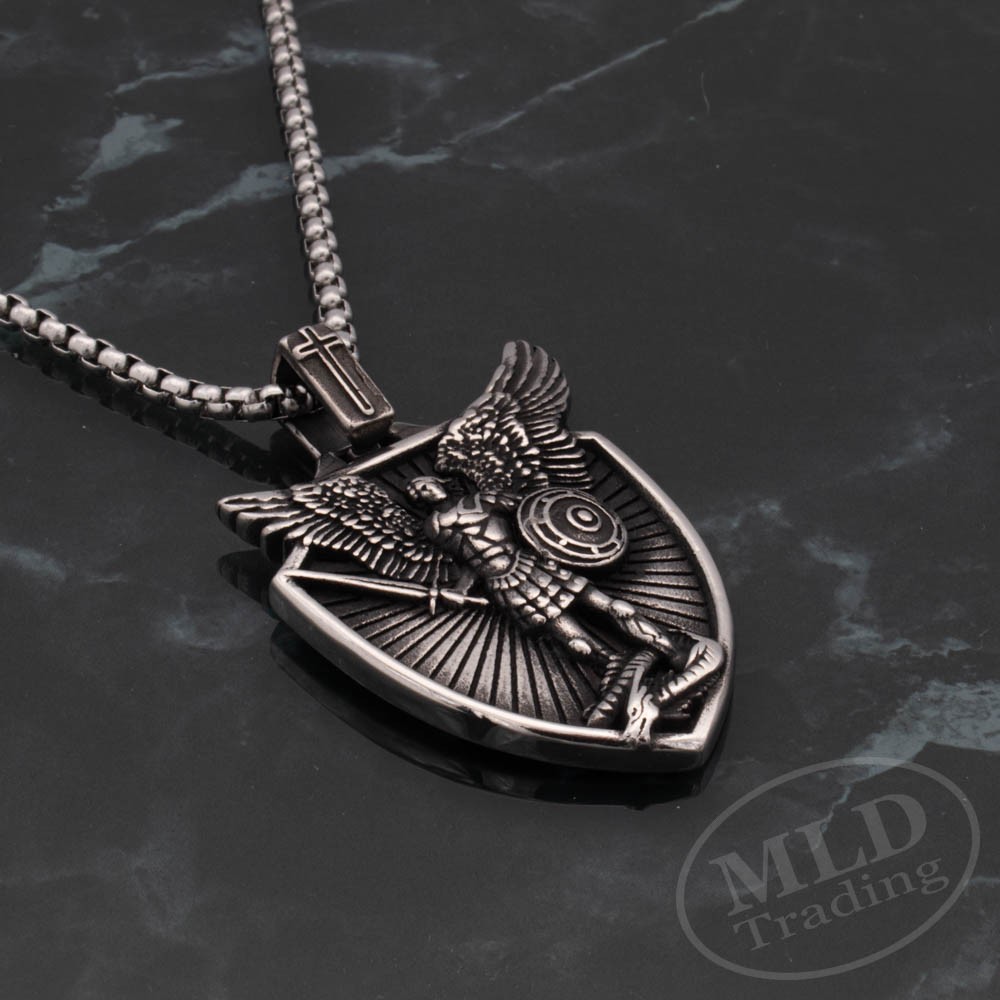 Saint St Michael Shield Pendant Necklace – Stainless Steel Archangel 24″ Chain