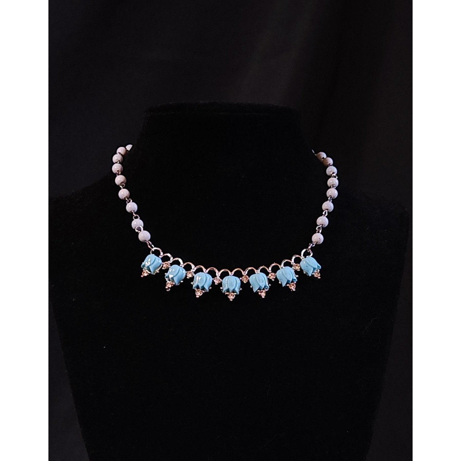 Vintage Turquoise Lucite Tulip Necklace, Rhinestone Floral Statement Jewelry