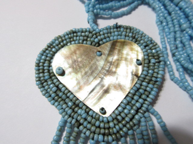 LIGHT BLUE MULTISTRAND SEED BEADED NECKLACE AND SHELL HEART PENDANT CONTEMPORARY