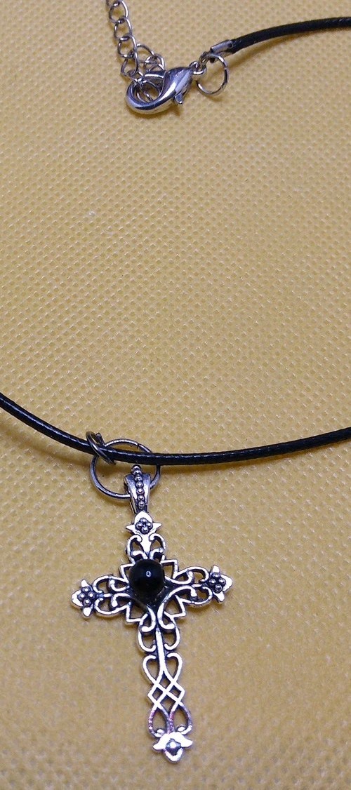 ADJ. CORDED NECKLACE & OBSIDIAN BEAD CROSS PENDANT