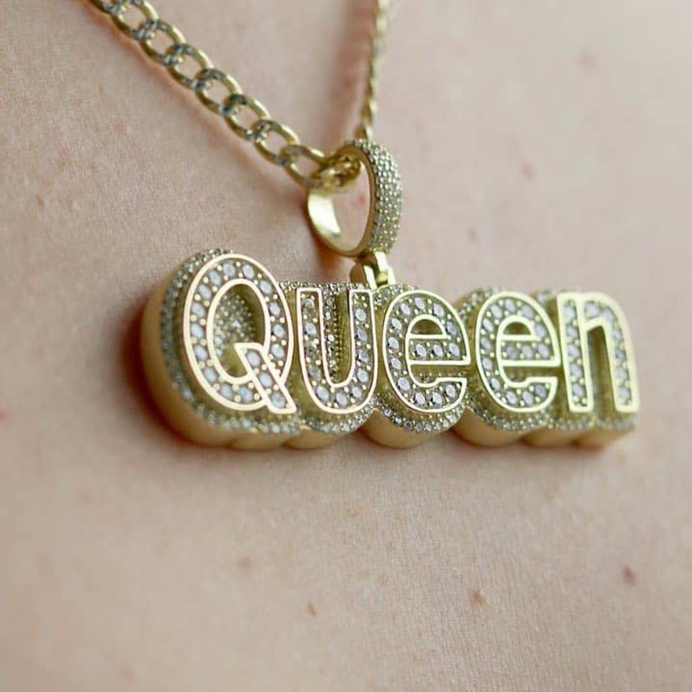 18K Yellow Gold Over Silver CZ Pave QUEEN Charm Pendant