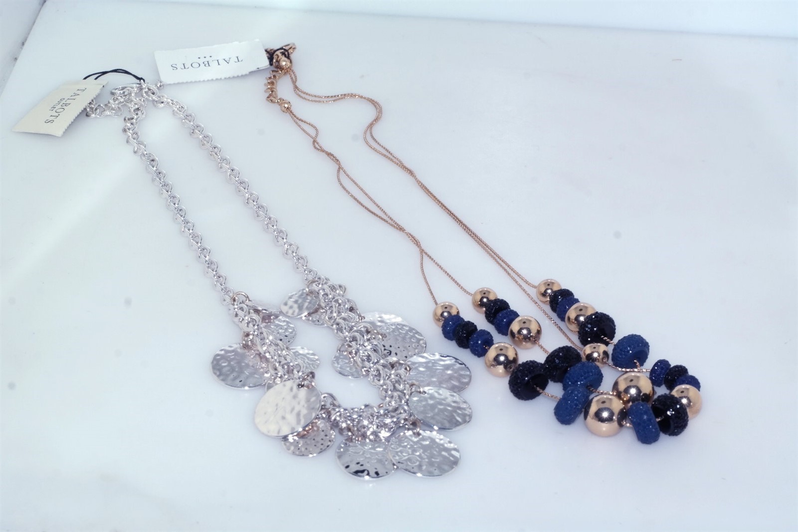 2pc Talbots Necklaces Silver Tone Disc Gold Tone Blue Black Bead Excellent NWT
