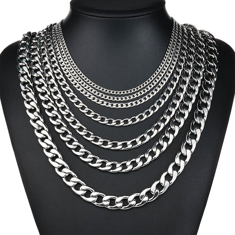 7-30″ Stainless Steel Silver Cuban Curb Chain Necklace Mens Womens 3/5/7/9/11mm