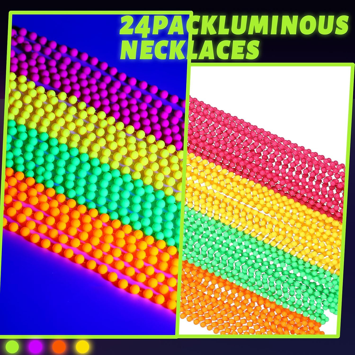 24 Pieces Neon Beads Necklaces 33″ Glow in The Dark UV Neon Bead Necklaces Glow