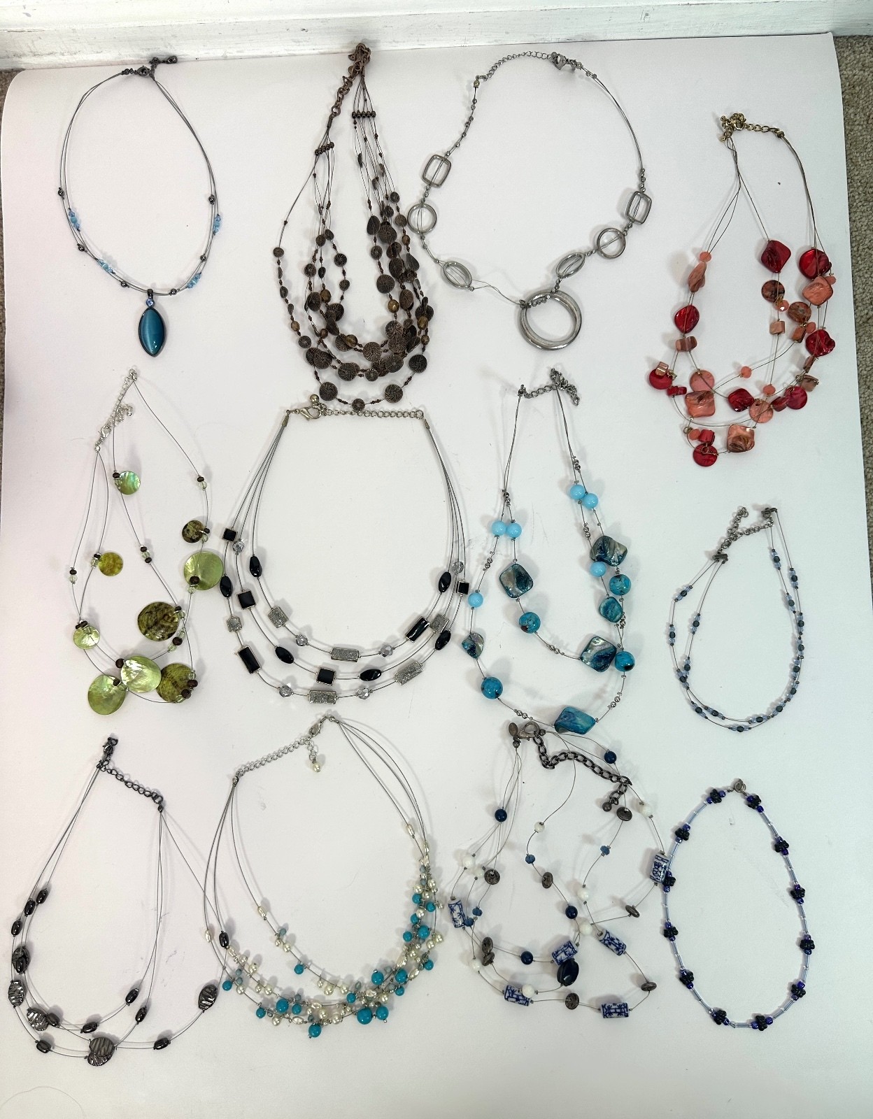 12 Wire Beaded Necklaces Bulk Lot Costume Resale Wearable Shell Metal Plastic