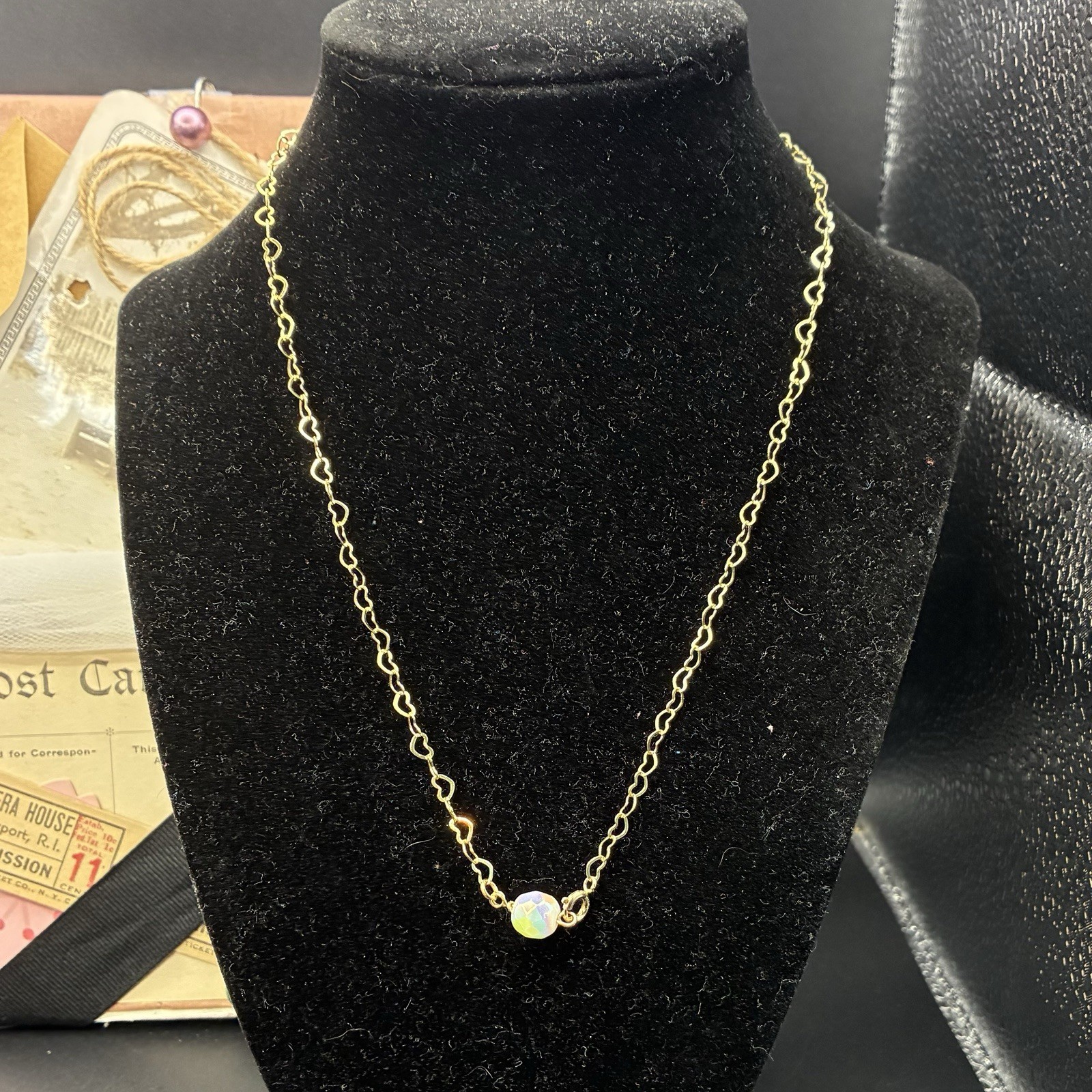 Gold Filled Heart Link Chain Necklace with White Colorful AB Crystal Pendant